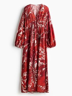 H&M Red and White Floral V-Neck Maxi Dress